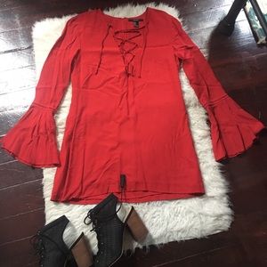 Lace Up Bell Sleeve Red Dress